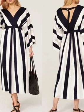 Adam Lippes Navy & White Striped V-Neck Maxi Dress